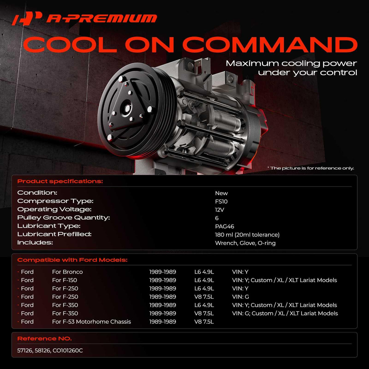 A-Premium A/C Compressor with Clutch Compatible with 4.9L 7.5L 1989, Ford F-150, F-250, F-350, F-53 Motorhome Chassis, Bronco