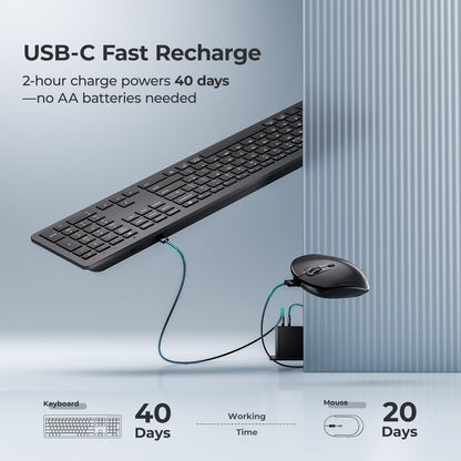 Wireless Keyboard and Mouse Set, iClever Keyboard and Mouse Rechargeable Full Size with Numeric Keypad, Energy Saving 2.4G USB Ultra Slim Silent Wireless Keyboard for Mac OS/Windows/Computer/Laptop