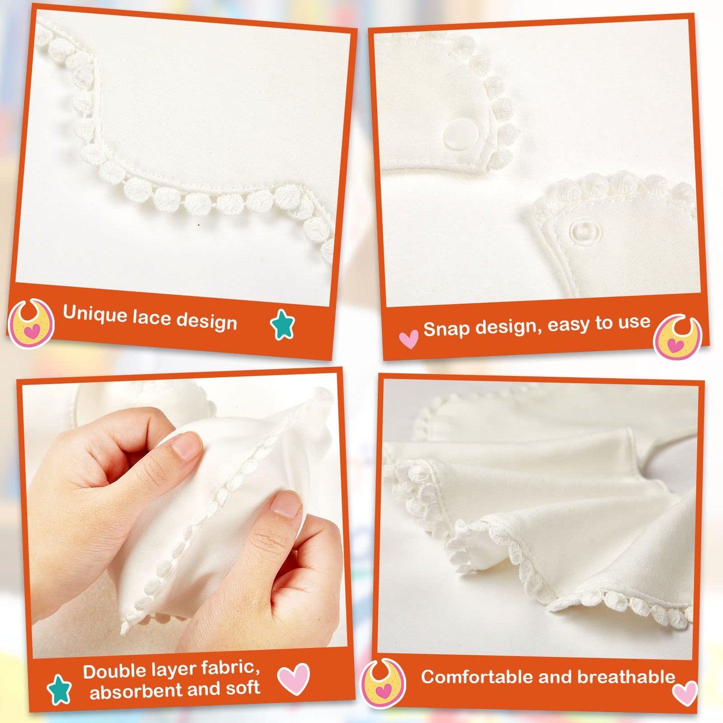 JenPen 4 Pieces White Bibs for Baby Girl Bandana Muslin 360 Bibs Baby Bandana Drool for Girl Set for Teething Toddler