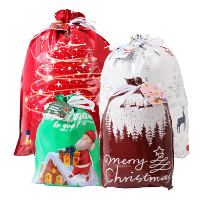 Yunaeduo Drawstring Christmas Gift Bags -20PCS Christmas Bags Assorted Sizes for Presents - Plastic Wrapping Bags Bulk - Xmas Gift Bags, 4 Designs (5 of Each) Extra Large/Big/Medium/Small Sizes