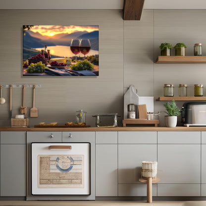 LYUNSHUO Kitchen Canvas Wall Art Wine Picture Decor Fruit Goblet Painting Prints Lakeside Sunset Landscape Romantic Poster Bar Restaurant Home Decoration Framed Ready to Hang(Art-3,12.00"x18.00")