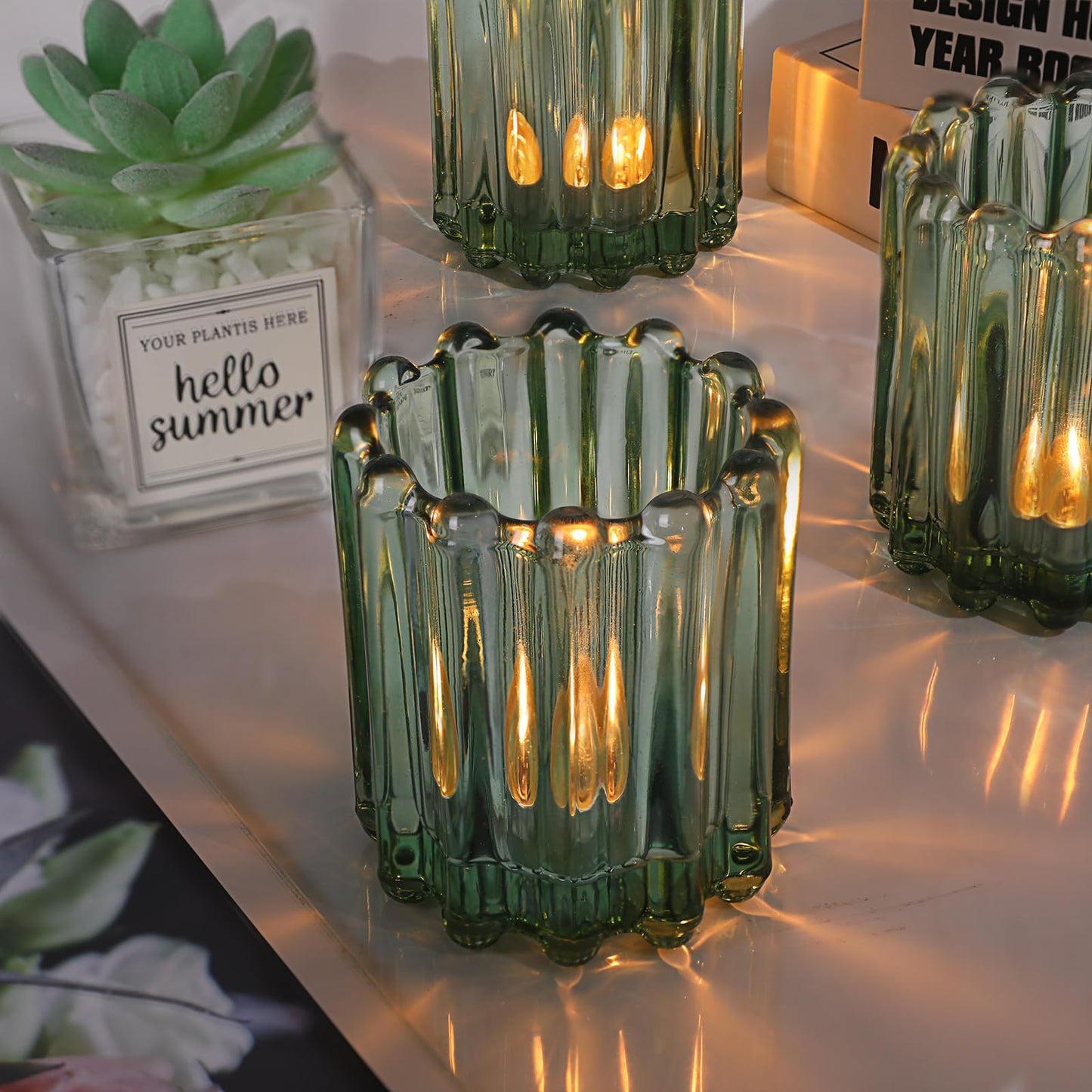 HAVITI 6 Pcs Votive Candle Holder, Green Glass Candle Holders, Tealight Candle Holder for Wedding Centerpieces Dinner Party Table Decor