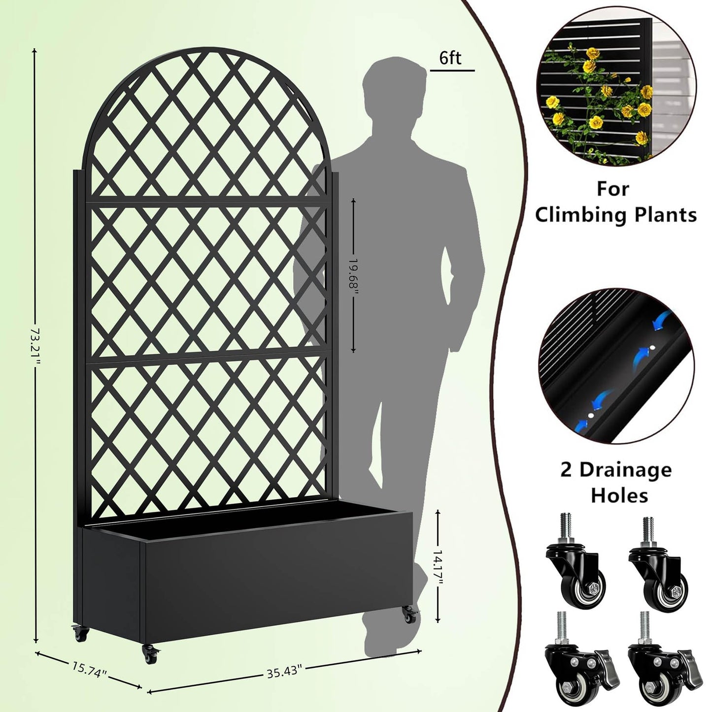 Metal Planter Box with Trellis, 73-Inch Tall Raised Garden Bed with Wheels, Privacy Screen Planter for Climbing Plants, Vegetables & Vines, Galvanized Steel Outdoor Privacy Shield, Black (Round)