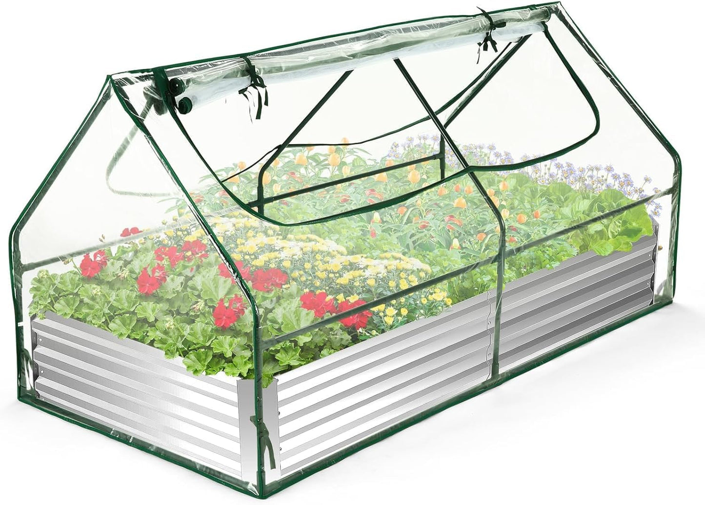 6x3x3ft Galvanized Raised Garden Bed with Cover, Extra-Thick Metal Planter Box Kit w/ 2 Roll-Up Large Screen Windows Mini Greenhouse &1 Pair of Gloves for Growing Vegetables Fruits Flower, Clear