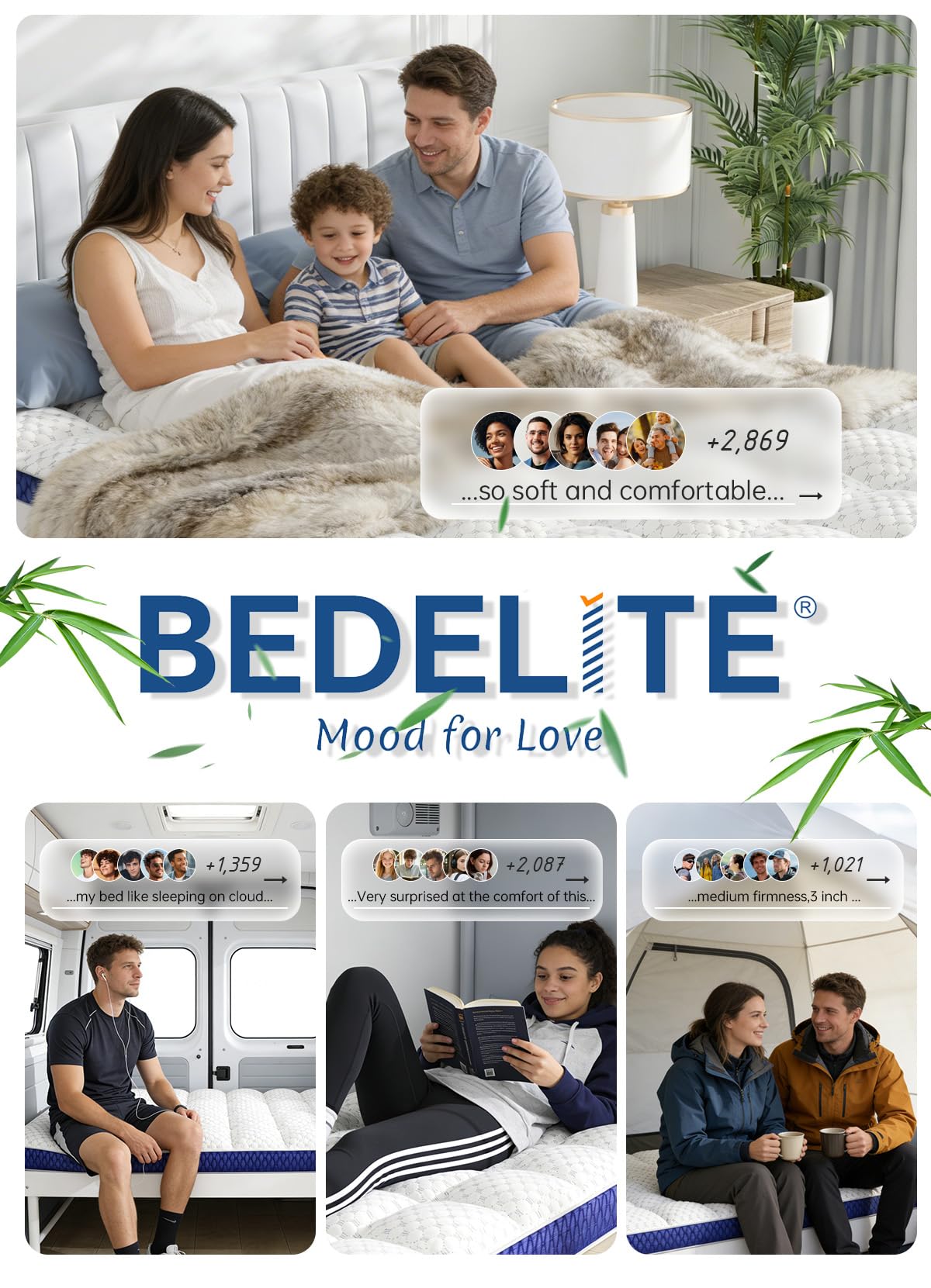 BEDELITE Queen Mattress Topper 3 Inch Thick Mattress Pad, Plush Pillow Top Bed Cover with Elastic Deep Pockets Up to 6-24 Inch for Pressure Relief, Shredded Memory Foam Filling
