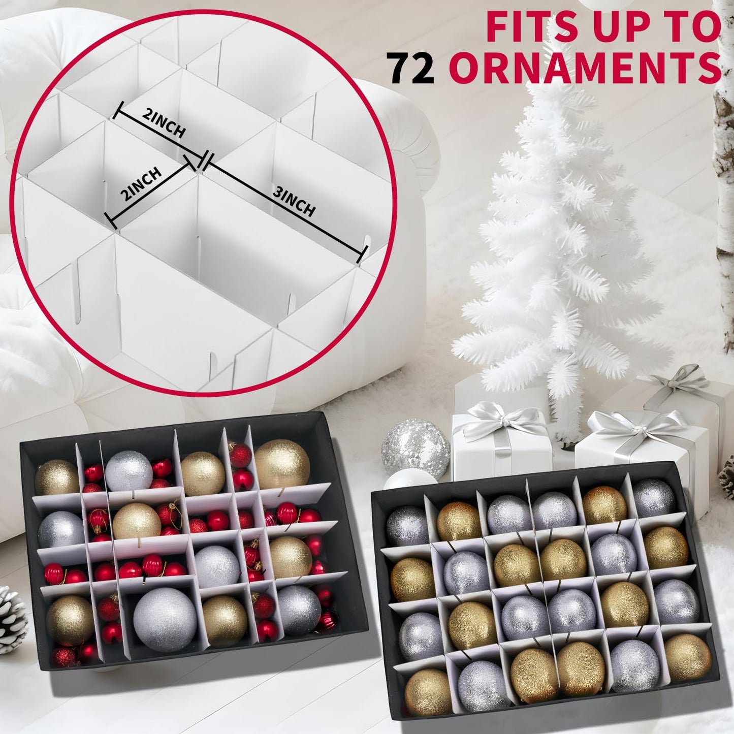 DIMESHY Large Christmas Ornament Storage Box With Adjustable Dividers,Ornament Storage Container with 3 Removable Trays for 72 Holiday Decorations,Red