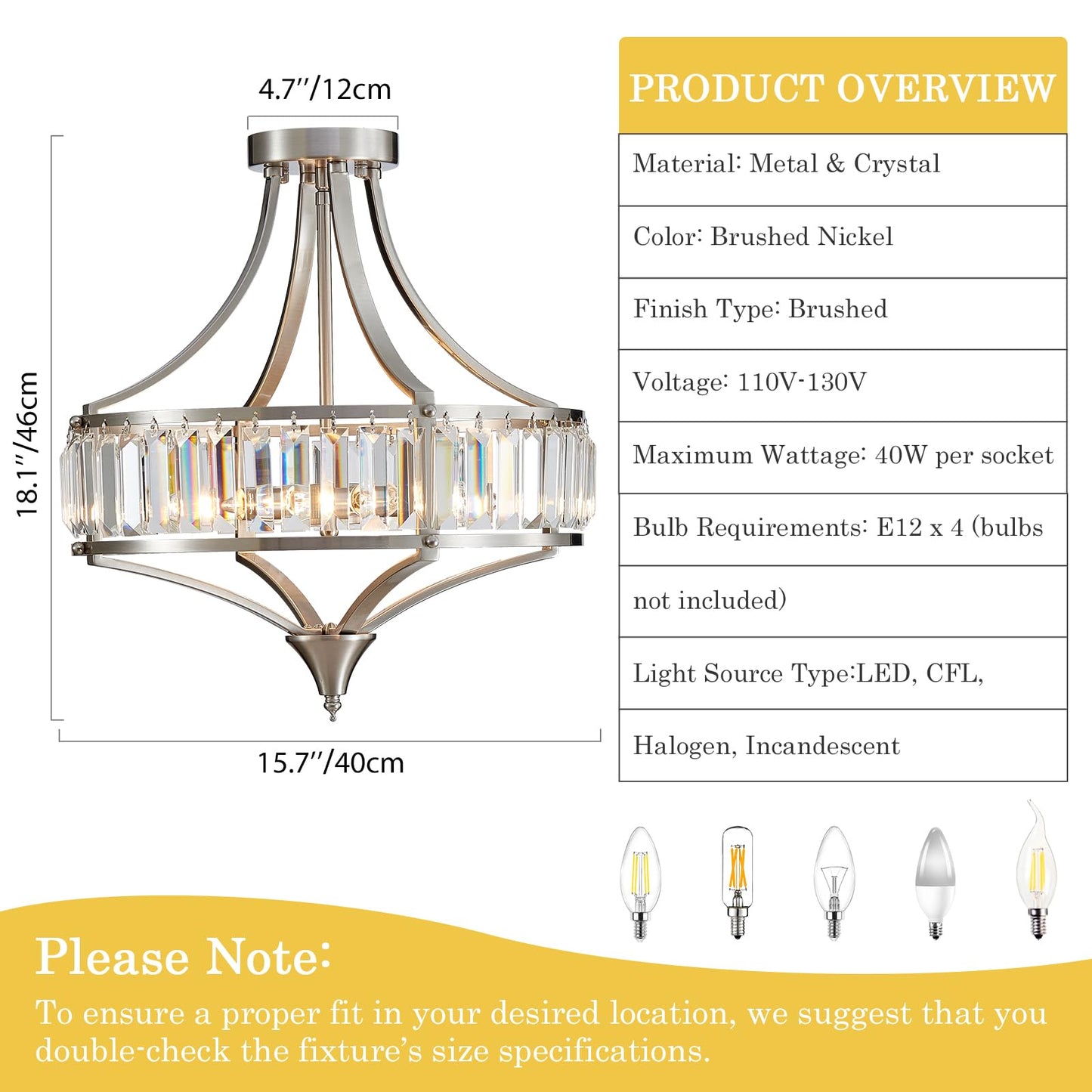 Cabvope Crystal Chandelier Ceiling Light Fixture, Modern Round Brushed Nickel Dining Room Chandeliers for Kitchen Hallway Bedroom Foyer, 16 Inch Rustic Farmhouse Semi Flush Ceiling Light, 4-Light