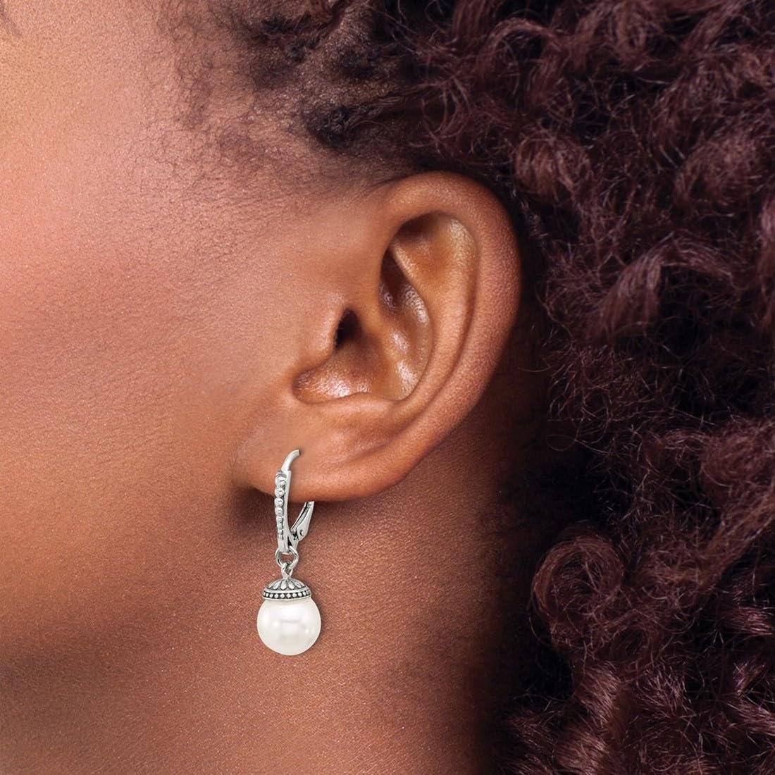 925 Sterling Silver Polished and Oxidized Syn. Pearl Dangle Leverback Earrings 32.4mm long Dangle Earring for Women