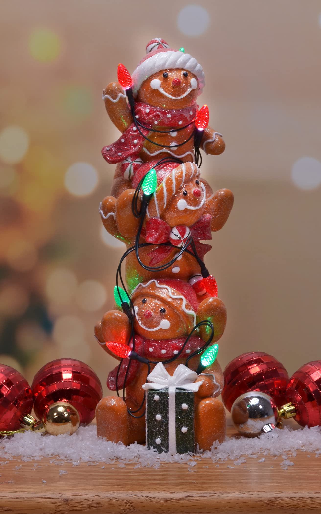Mark Feldstein & Associates Holiday Stacked Gingerbread Men Tabletop Figurine Decor with LED C7 Bulbs, 12 Inch