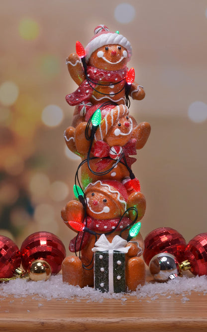 Mark Feldstein & Associates Holiday Stacked Gingerbread Men Tabletop Figurine Decor with LED C7 Bulbs, 12 Inch
