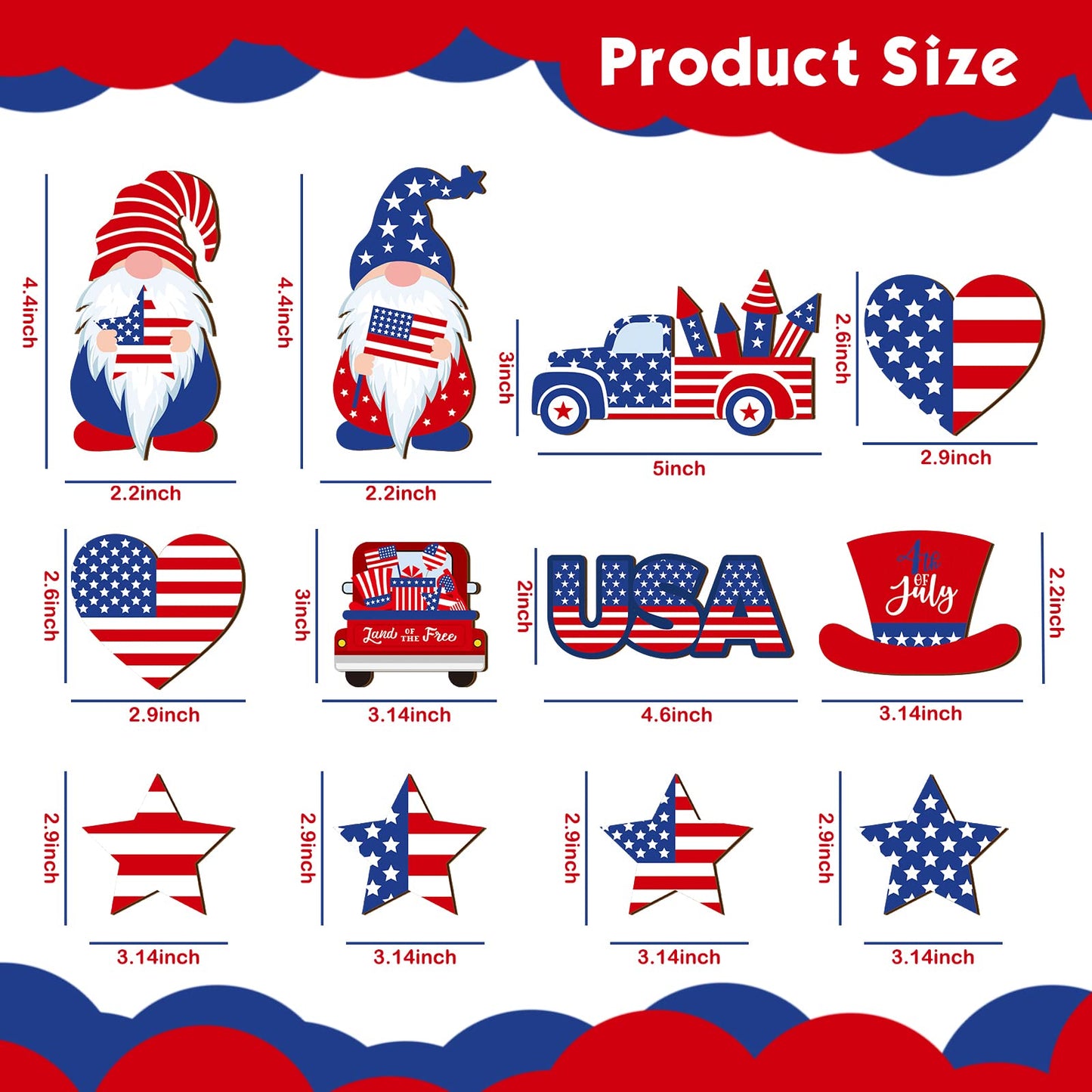 Qunclay 36 Pcs 4th of July Ornaments for Tree, Wooden Patriotic Tree Decorations with Gnome, Star, Truck Shape, Red White Blue Hanging Ornament for Independence Day, 250th Anniversary Home Party Decor
