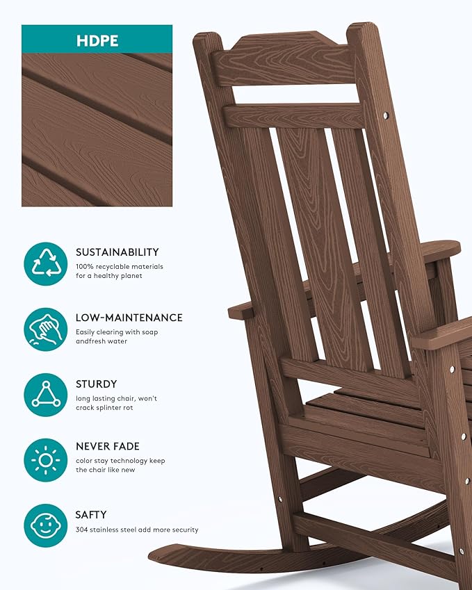 SERWALL Outdoor Rocking Chair Set of 6, Patio Rocking Chairs Set, HDPE Rocking Chair Outdoor for Adults, Heavy Duty Front Porch Rocker, Coffee