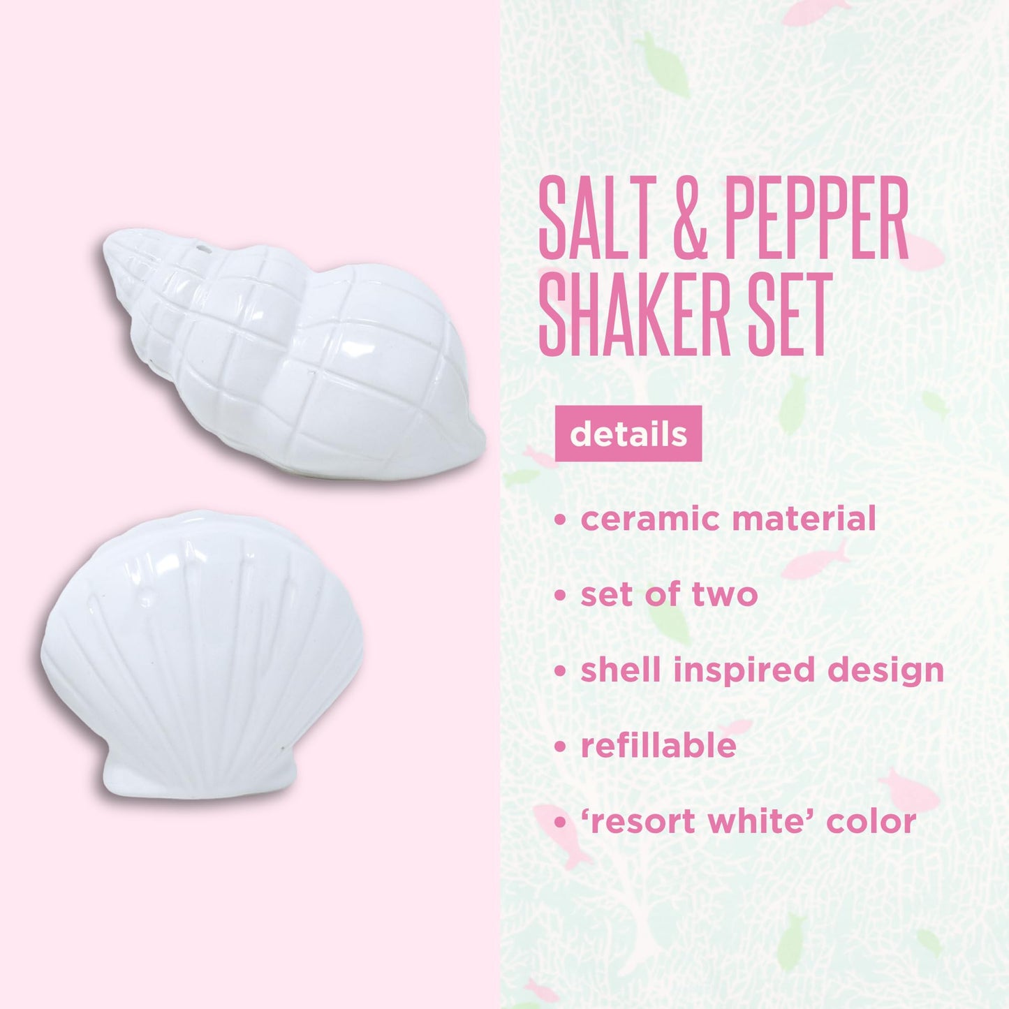 Lilly Pulitzer Ceramic Shell Salt and Pepper Shakers Set, White Conch & Scallop Design, Decorative Coastal Kitchen Tabletop Décor (Resort White)