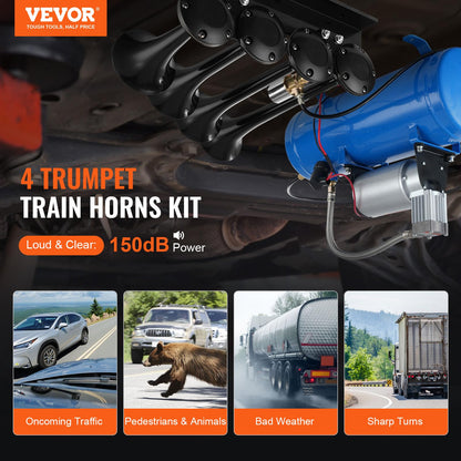 VEVOR 4 Trumpet Air Horn Kit, 150dB Train Horns for Pickup Trucks, 12V 120 psi Air Compressor 1.6 Gal/6 L Tank with Gauge for Any 12V Vehicle Car Truck Train Van Boat