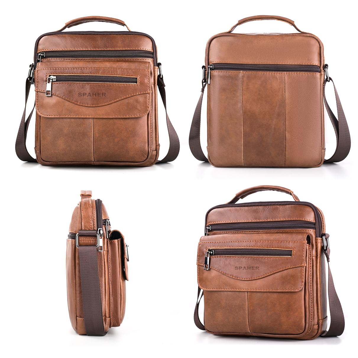 SPAHER Men Leather Handbags Shoulder Bags Messenger Business Bag Crossbody Satchel Sling Waterproof Travel Bag Daily Man Bag with Adjustable Shoulder Strap for Ipad 11 Inch Brown