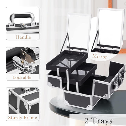 Frenessa Cosmetic Case Makeup Organiser Box Beauty Storage Make Up Case Vanity Box with Mirror Lockable with Keys, Black
