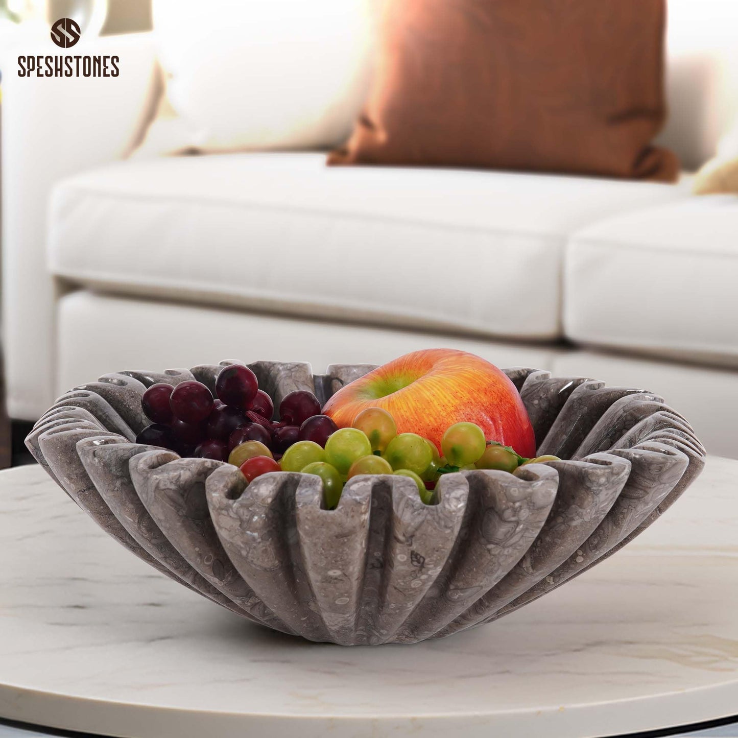 SPESHSTONES Marble Scalloped Bowl Handmade 10 Inch Ruffle Bowl, Large Decorative Bowls for Home Decor, Modern Fruit Bowl for Kitchen Counter, Stone Fluted Bowl for Housewarming Gifts
