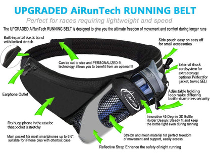 AiRunTech Upgraded No Bounce Hydration Belt Can be Cut to Size Design Strap for Any Hips for Men Women Running Belt with Water Bottle Holder Pocket Fits Smartphones Black Bottle diameter up to 3.2 in