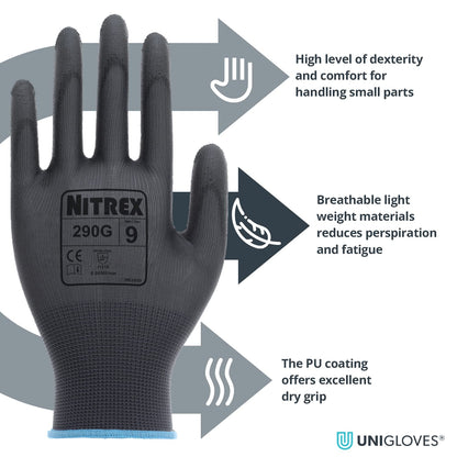 NITREX 290G Work and Safety Gloves, 10 Pairs of Black General Handling Gloves with PU Palm Coating, Size 8, Medium