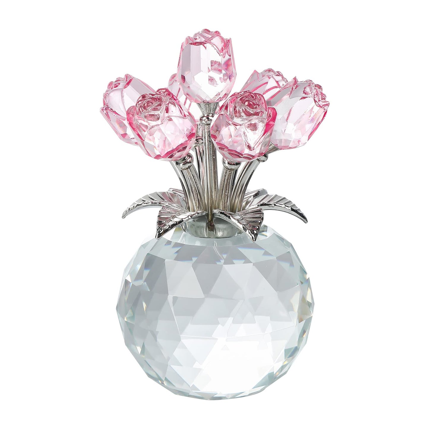 Movdyka Pink Rose Flower Crystal Figurine with Vase, Bouquet Flowers Ornament Gifts for Wife Girlfriend Women, Handmade Crystal Flower Collectible Home Table Decor for Wedding Anniversary