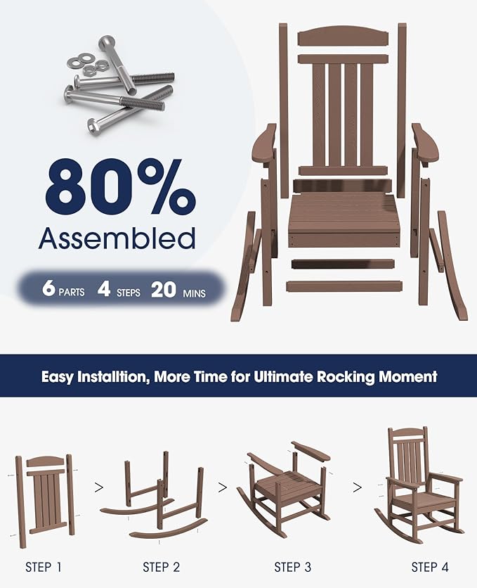 KINGYES HDPE Rocking Chairs Outdoor, Patio Rocking Chairs with 330lbs Support, Smooth Porch Rocker for Deck Lawn Yard, Brown