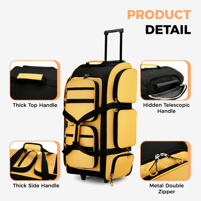 Searock 90L Rolling Duffle Bag with Wheels and Handle, 31” Large Duffle Bag for Travel, Carry On Luggage Duffel Bag with Shoe Compartment, Multi-Pocket, Water Resistant, Yellow