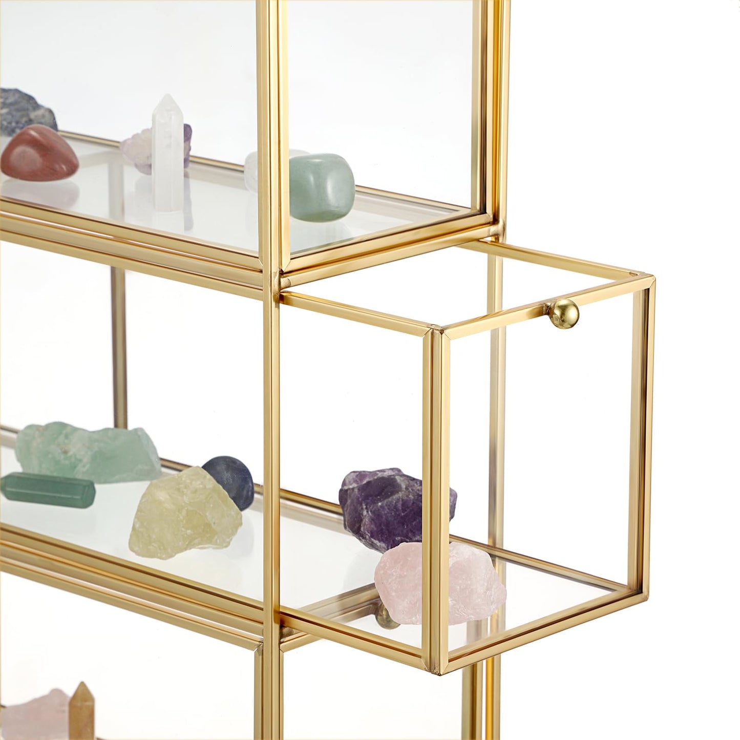 JUXYES Tabletop Brass Glass Rock Display Case with 3 Drawers - Modern Clear Rocks Collections Display Case Box - Gold Dust Proof Case Small Shelf for Collectible, Mineral Crystal, Rock, Stones