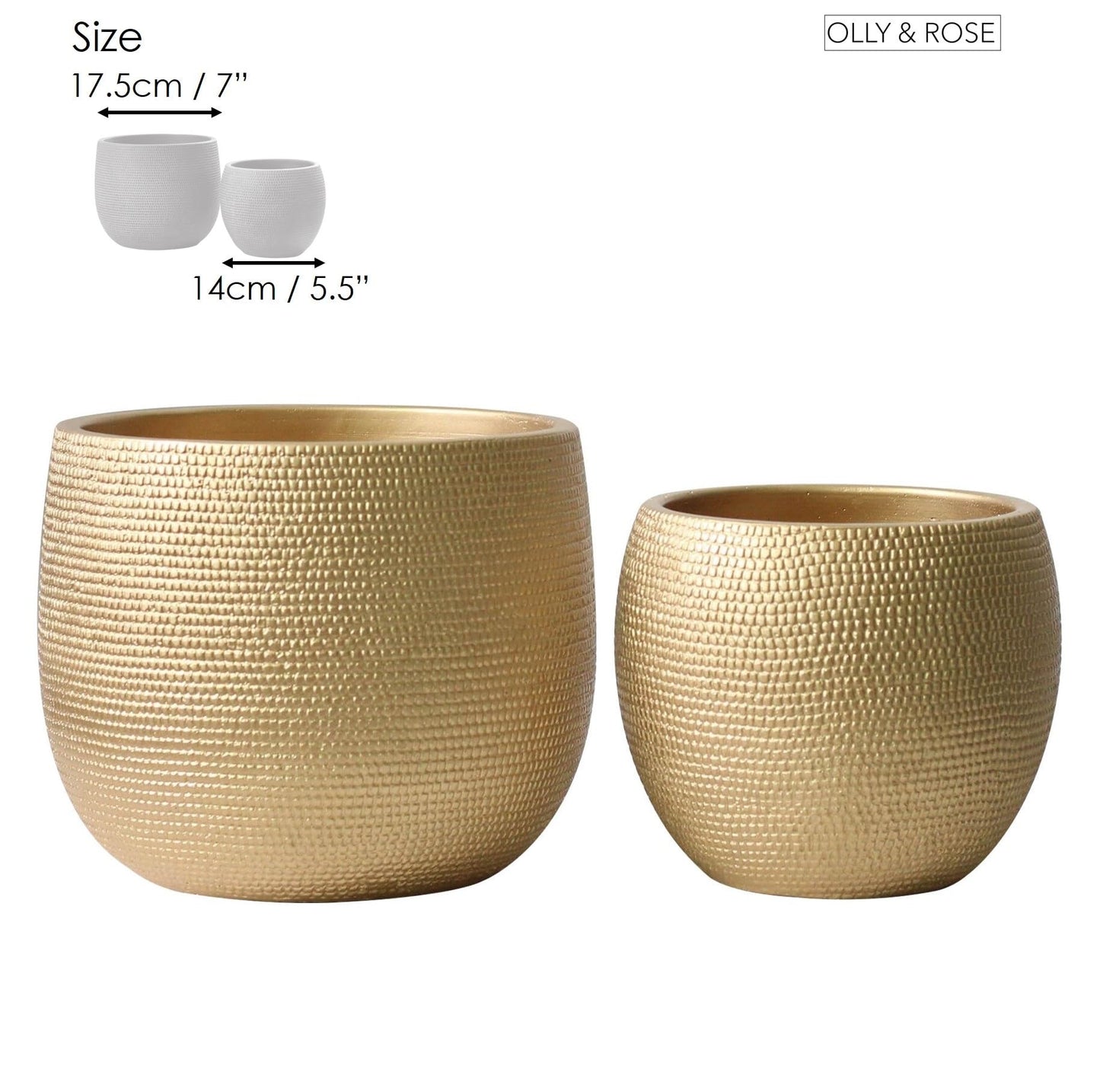 Olly & Rose Barcelona Ceramic Plant Pot Set 2 - Gold Flower Pots - Indoor & Outdoor Planters Home and Garden Decor (Gold, 14cm + 17.5 cm)