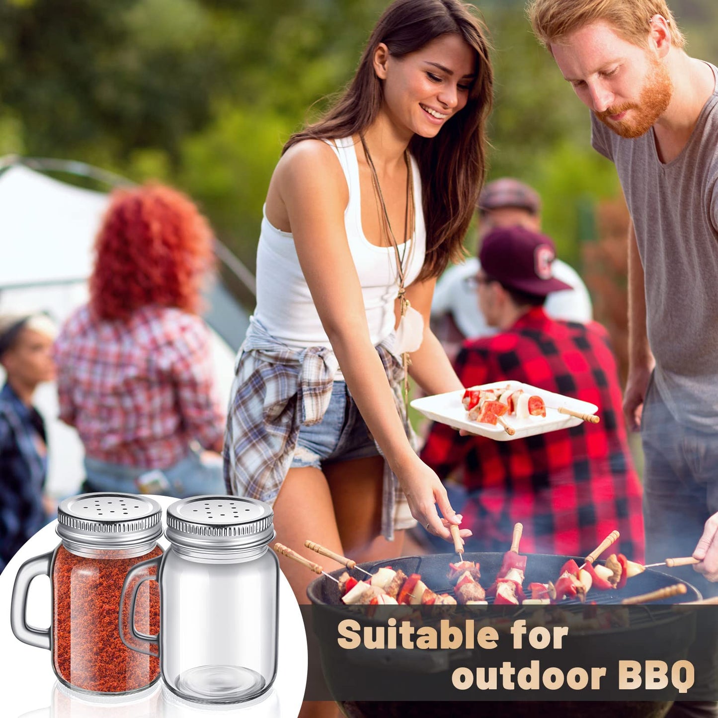 Tessco for you 6 Pcs 4 oz Glass Salt and Pepper Shakers Clear Mason Jar Mini Salt Shakers for Farmhouse Kitchen with Metal Lid and Handles for Kitchen Table Wedding Drinkware Home Accessories(Silver)