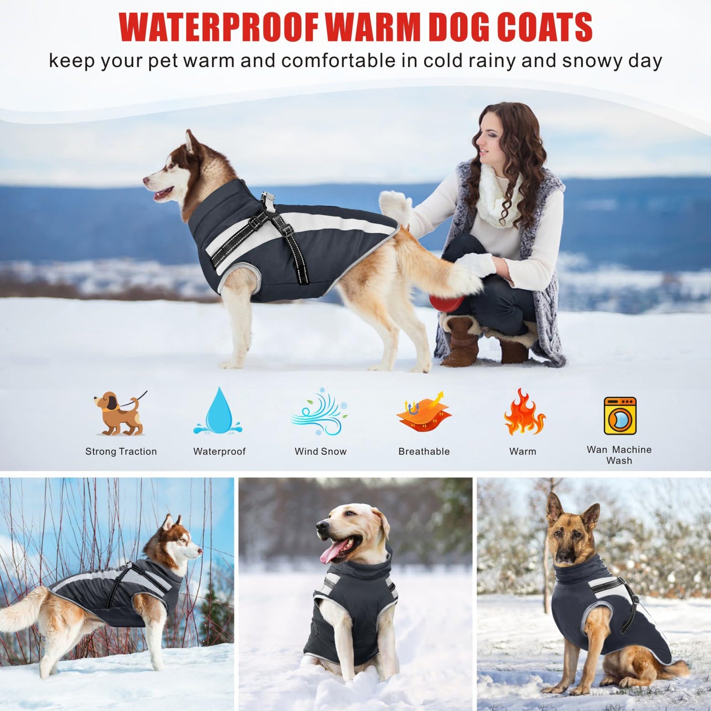 Oslueidy Waterproof Dog Coat with Harness,Winter Warm Jacket Windproof Pet Clothes Snowsuit Dog Jackets for Small Medium Large Dogs XL-6XL (Black, XL)