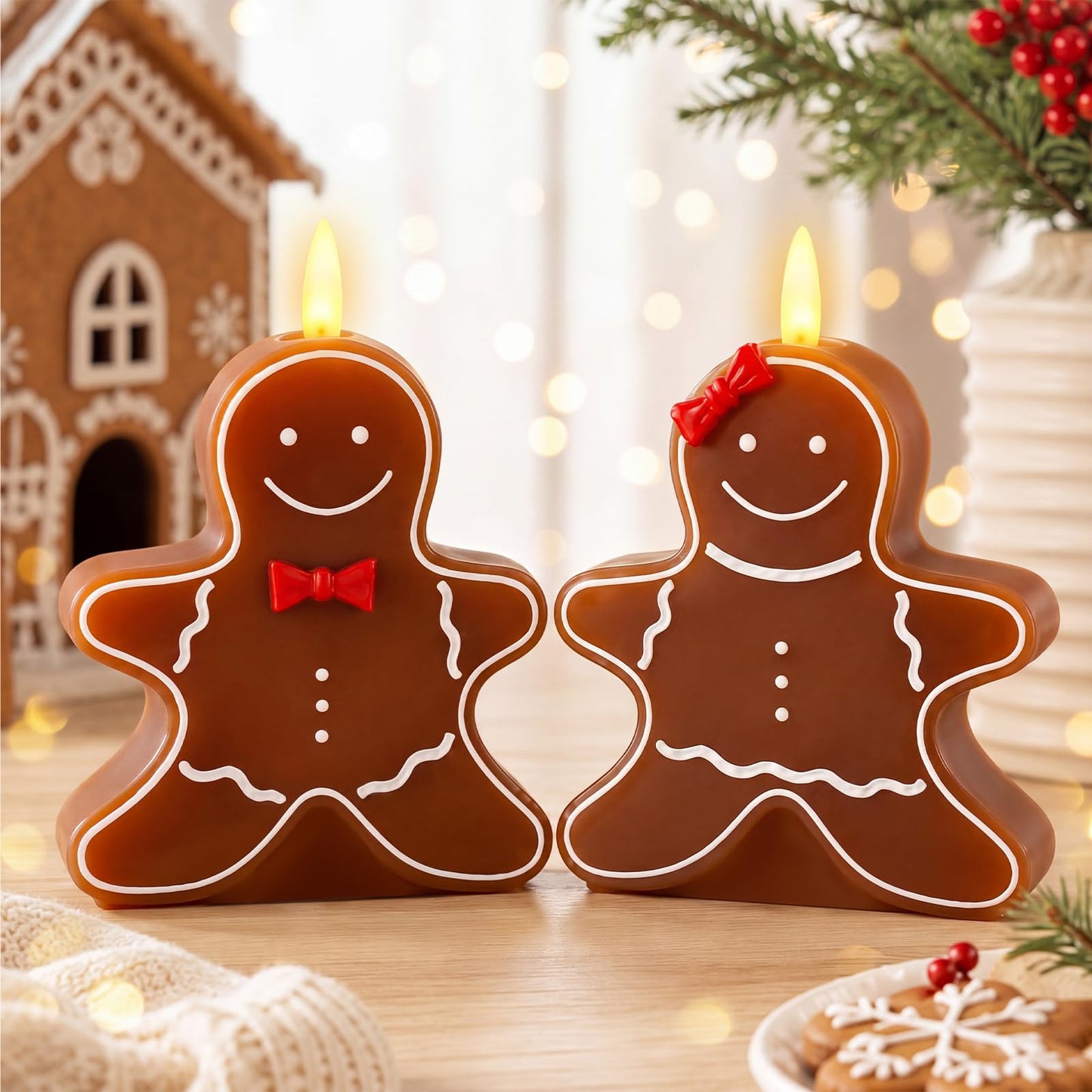 VIHOSE 2 Pcs Christmas Gingerbread Man Flameless Candles 4.53 x 5.59 x 2.76 inch Real Wax Gingerbread Man Battery Operated LED Candles Christmas Table Decoration for Xmas Winter Home Table Decor
