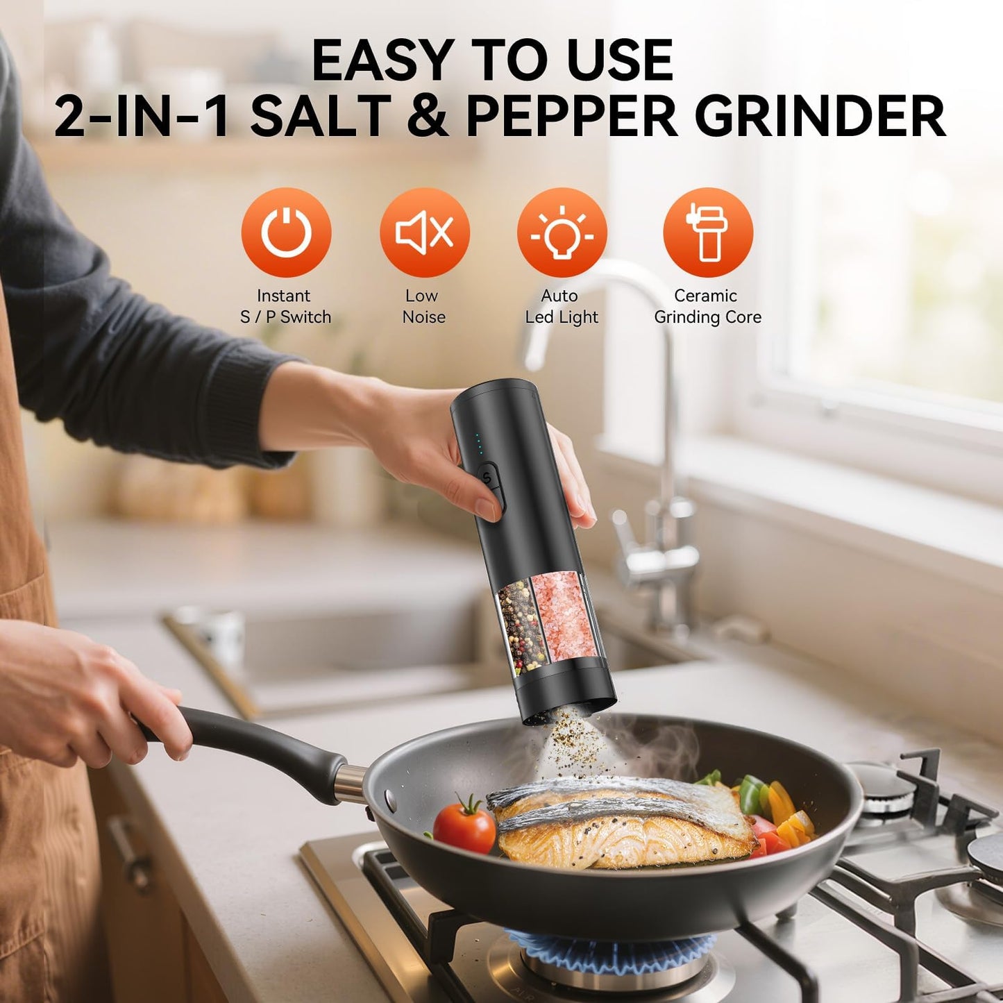 HeatBay 2 in 1 Electric Salt and Pepper Grinder Set, USB Rechargeable, Automatic Salt and Pepper Mill Shakers with Battery Display, LED Light, Adjustable Coarseness Ideal for Kitchen Gift(Black)