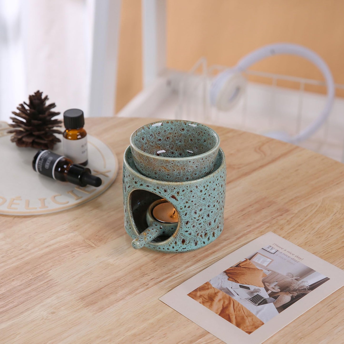 Auxmeware - Essential Oil Burner for Scented Oil, Oil Warmer, Tealight Wax Melt Warmer, Candle Diffuser, Tea Light Holder, Green