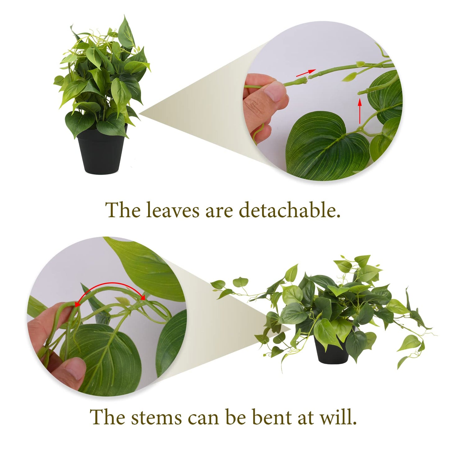 LOYWREE Artificial Scindapsus Aureus Fake Pothos Plants in Black Pots - Realistic Faux Indoor Greenery Potted for Home, Office, Desk, Shelf, Living Room, Bedroom, Balcony, Patio & Garden Decor