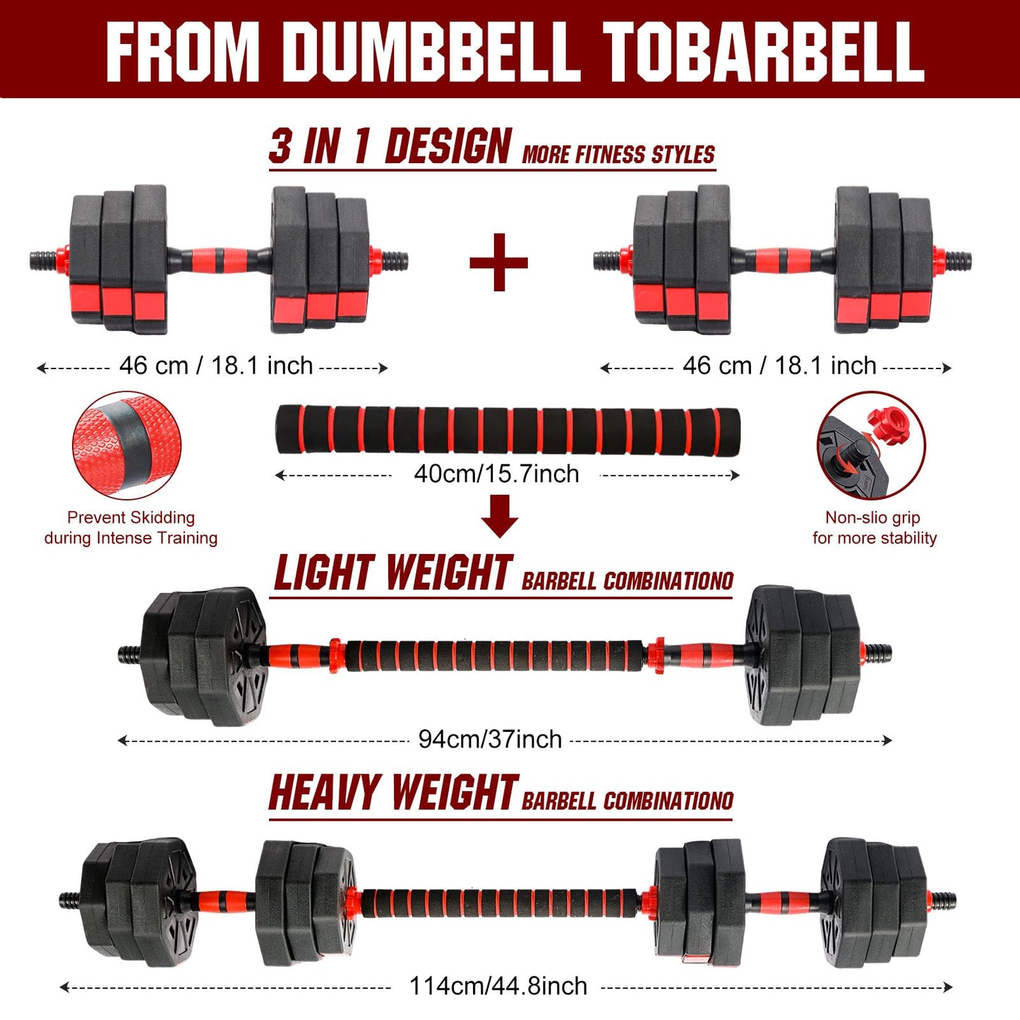 Adjustable Dumbbell Set, 40lbs Free Weights with Connector, Convertible Dumbbell Barbell Push-up Stand Set, 3 in 1 Home Gym Fitness Weight Set for Men/Women
