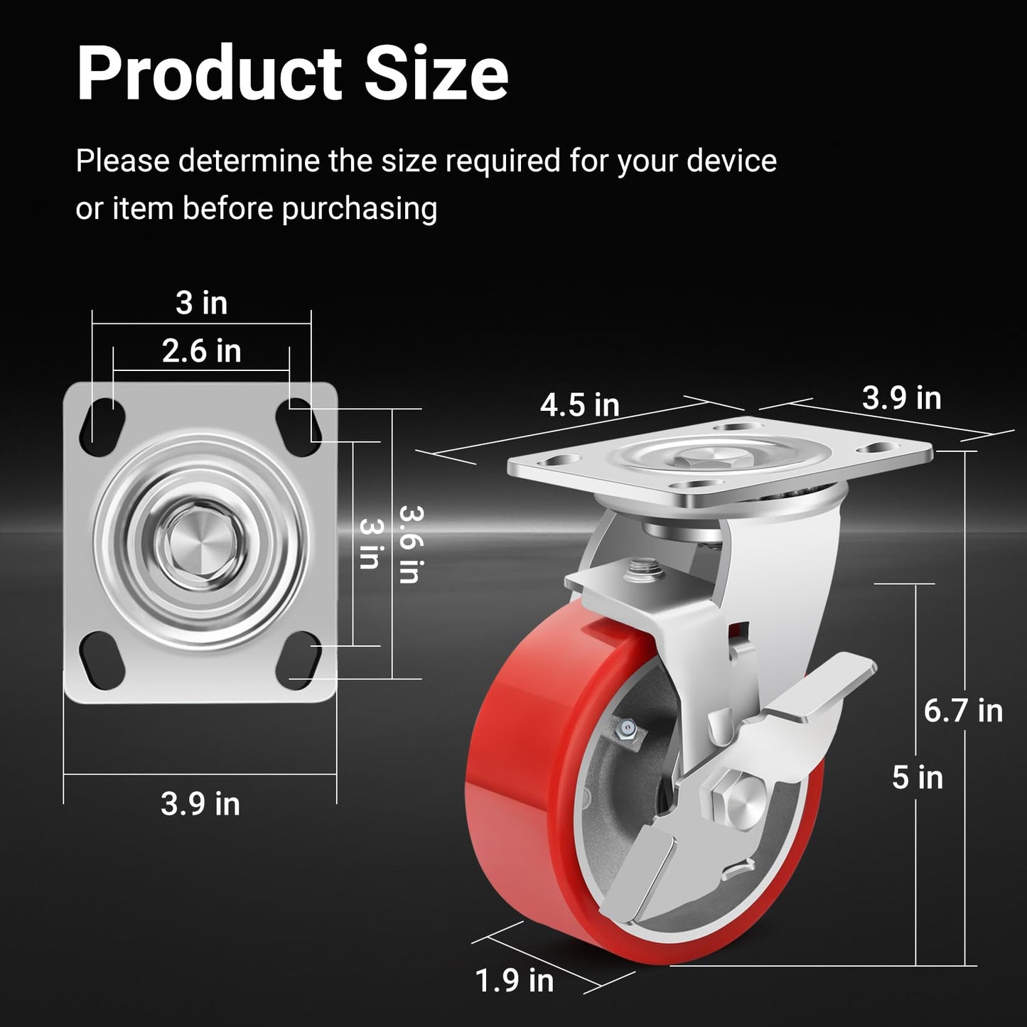 Nefish 5 Inch Industrial Grade Casters Wheels, Heavy Duty Aluminum Core PU Castor Set of 4, Durable Plate Swivel Casters with Brake 4000 LBS, Anti-Corrosion Wheels for Industrial, Equipment