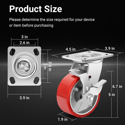 Nefish 5 Inch Industrial Grade Casters Wheels, Heavy Duty Aluminum Core PU Castor Set of 4, Durable Plate Swivel Casters with Brake 4000 LBS, Anti-Corrosion Wheels for Industrial, Equipment