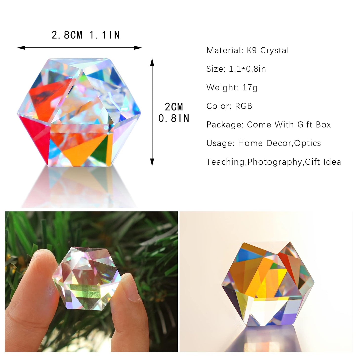 HDCRYSTALGIFTS 1.1inch Color Crystal Faceted Optical Prism Beam Splitter Light Refracting Photography Science Glass Prisms