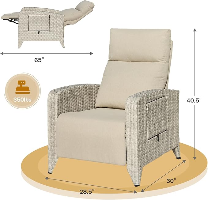 Outdoor Recliner Chairs Set of 2 Reclining Patio Chairs with Adjustable Back and Extended Footrest Wicker Rattan Recliner Chairs with Flip Table and Removable Cushion