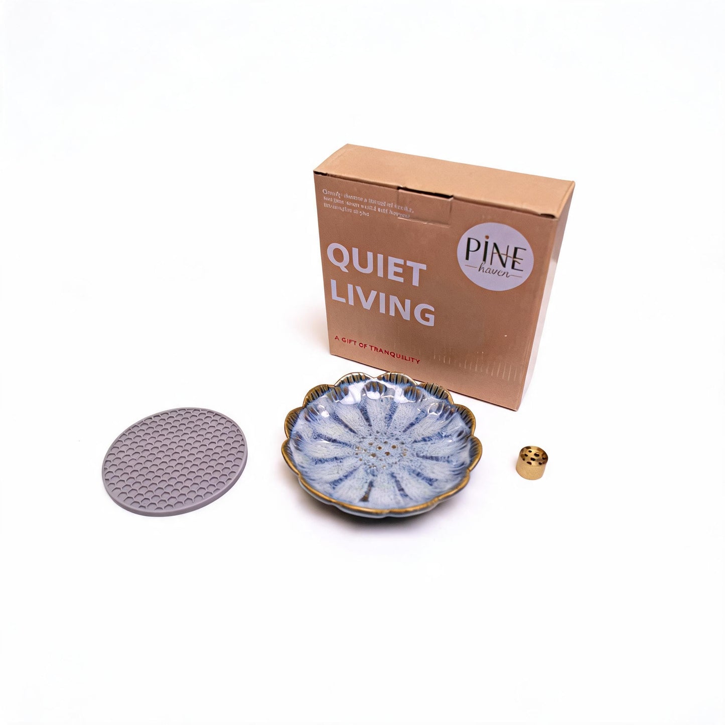 Pinehaven Lotus Incense Holder – 5.5 Inch Ceramic Tray with Ash Catcher, Blue, Solid Brass 9-Hole Insert – for Incense Sticks, Palo Santo, Sage & Cones – Zen Meditation Home Decor
