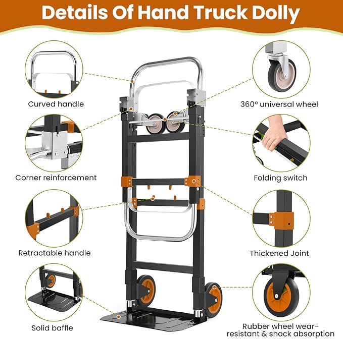3-in-1 Folding Hand Trucks, 600Lbs Convertible Hand Truck Dolly, Heavy Duty