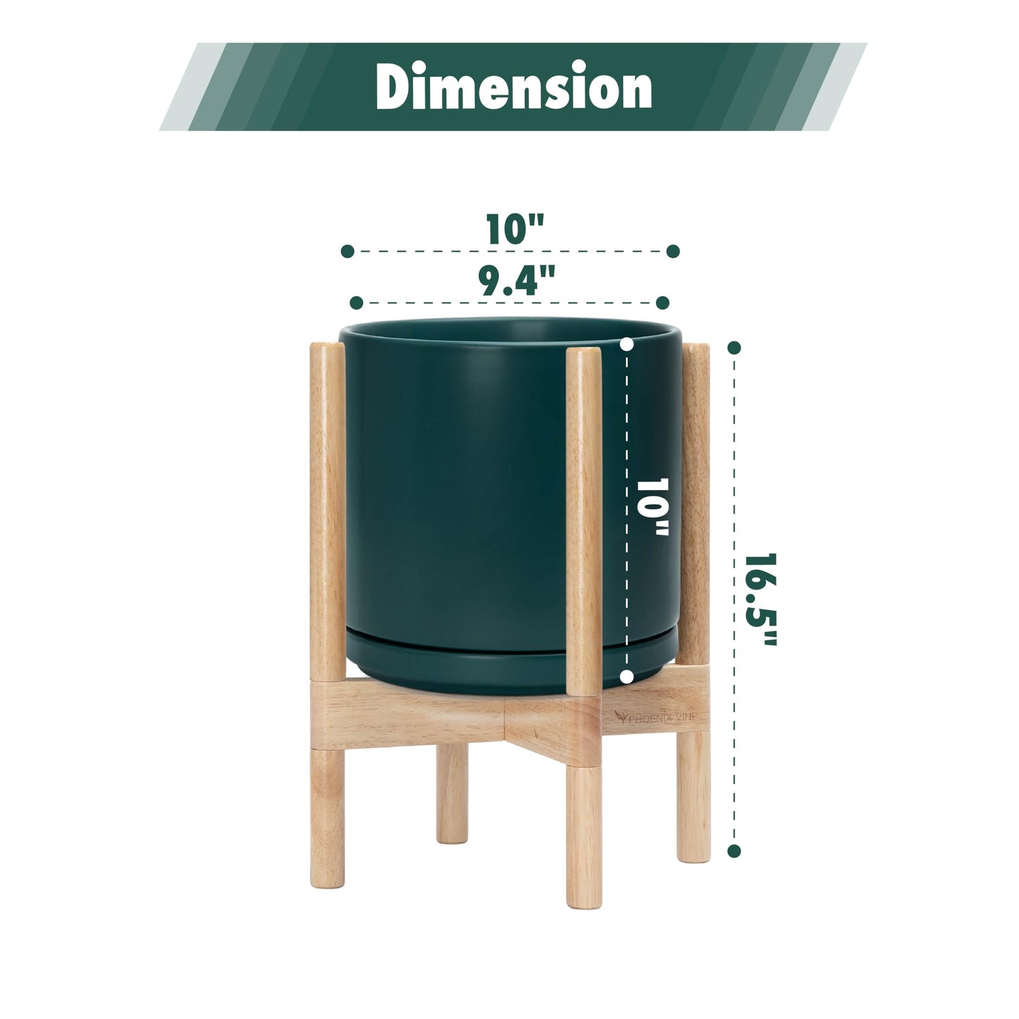 D'vine Dev Ceramic Planter with Natural Stand - 10 Inch Modern Round Flower Pot with Wood Planter Holder, Teal, 55-B-K-4