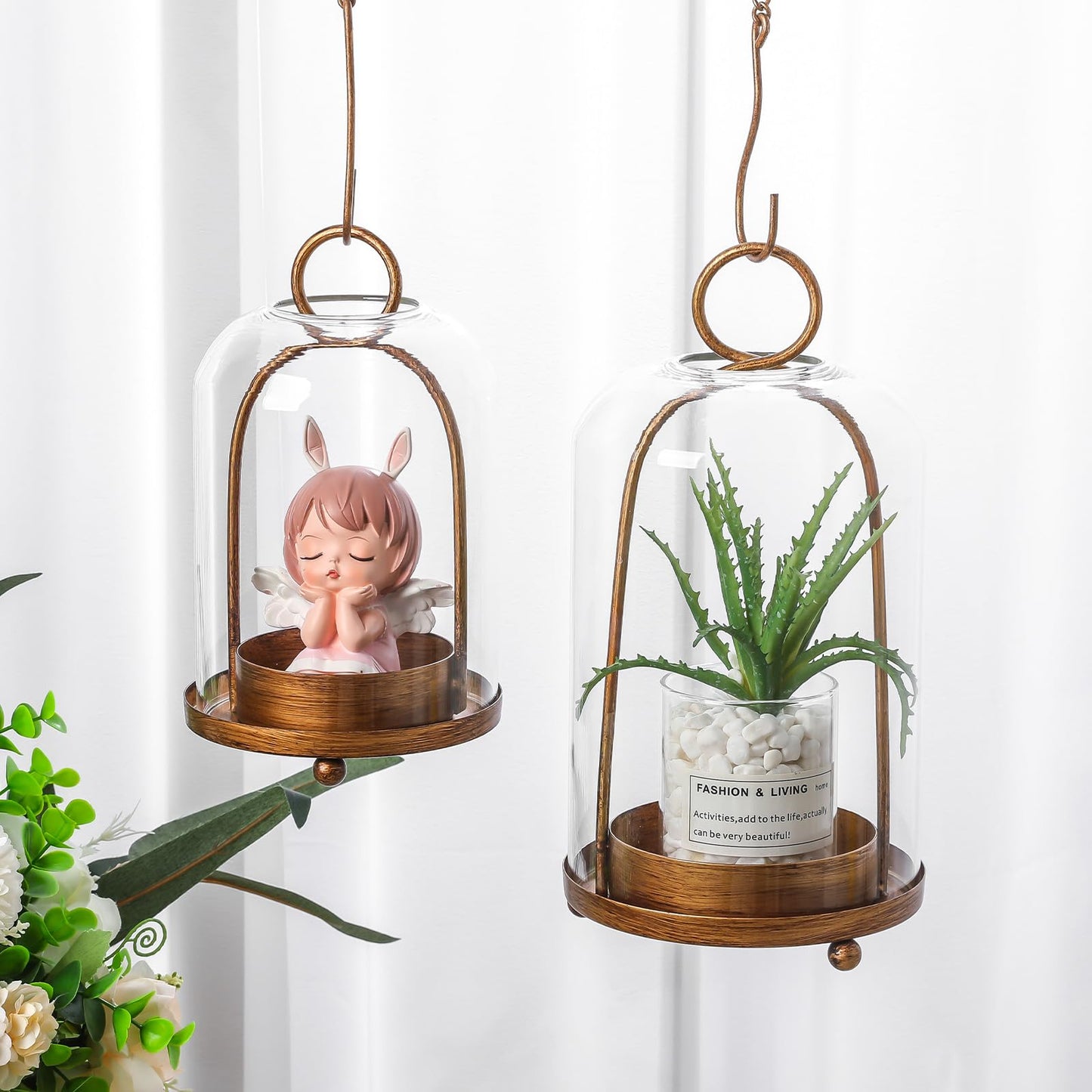 Glass Hurricane Candle Holder Decorative Gold Candle Lantern, Candlestick Holders, Hanging Metal Holder Modern Table Centerpieces (2, Brass, Large & Small)