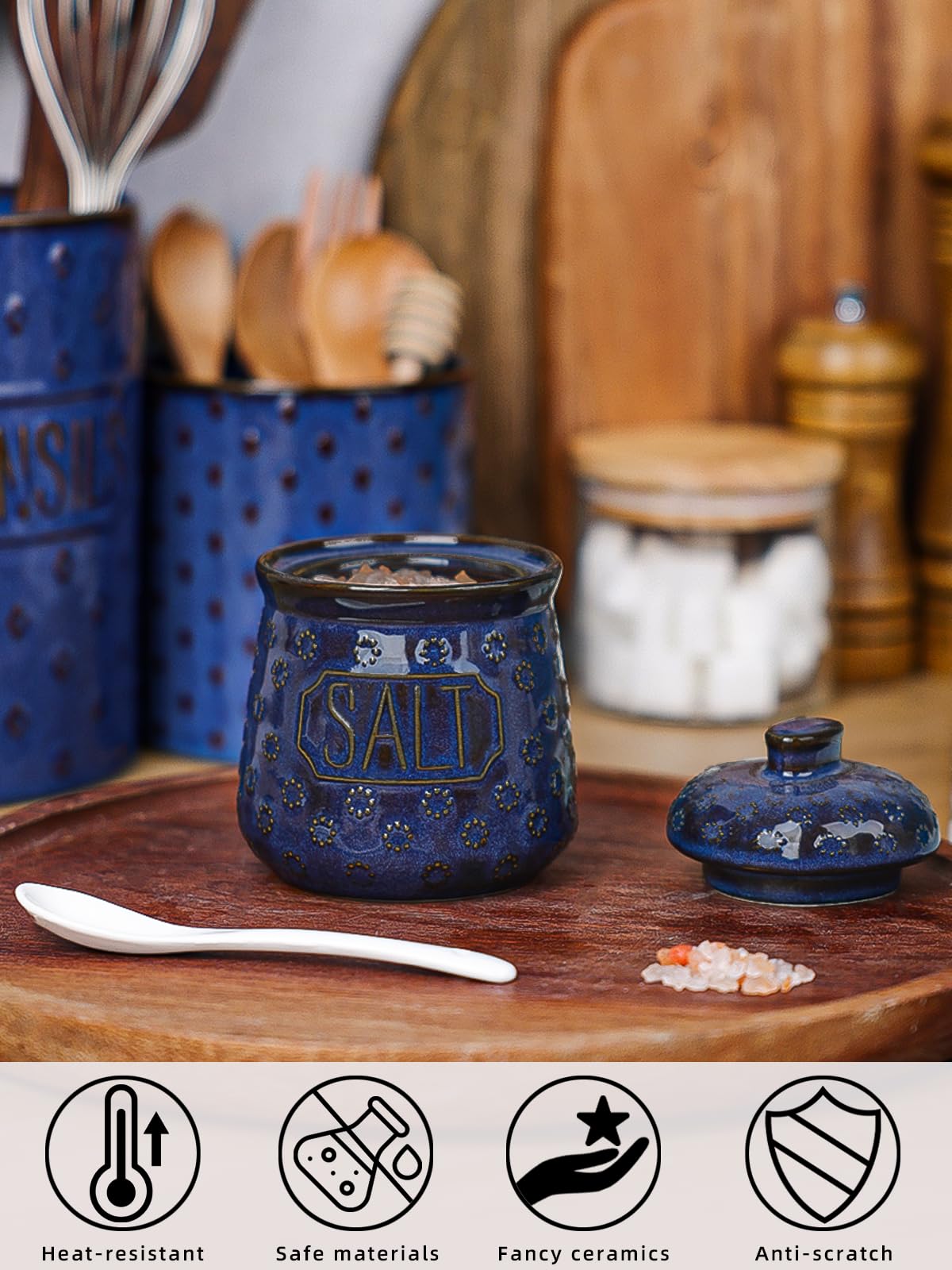 QUXIJA Salt Bowl with Lid and Spoon, 10oz Ceramic Spices Cellar (Vintage Blue)