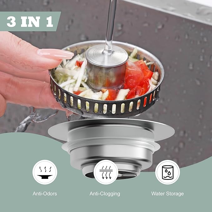 Kitchen Sink Drain Strainer 3 in 1, 304 Stainless Steel Pop Up Sink Stopper