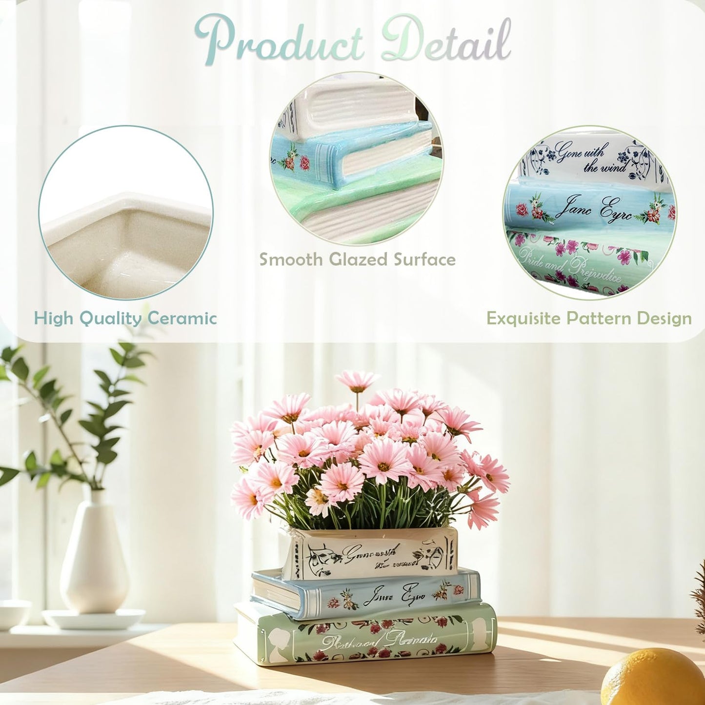 Jxcnkiy Book Planter, Bookshelf Decor Cute Plant Pots, Ceramic Planters with Drainage Hole, Books Shaped Flower Vases for Book Lovers Gifts, for Bedrooms, Living Rooms, Offices, Kitchens
