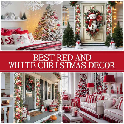 prelit 6ft Christmas Garland with 25 LED Lights with Timer, prelit red White Garland with Plenty Hand-Painted Ornaments,Festive Lighted Winter Decor for Front Door, Mantel, Stair & Fireplace