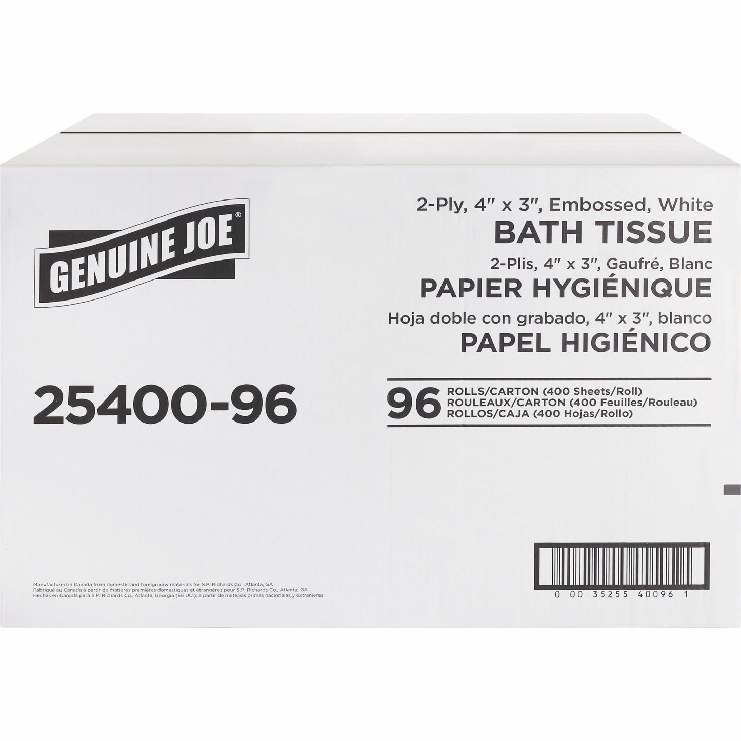 Genuine Joe Standard Bath Tissue, 3" x 4", 2-Ply, 400 Sheets/Roll, 96 Count