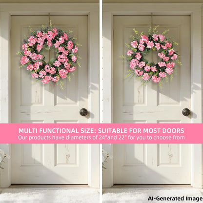 KuiMen Spring Summer Wreaths for Front Door 24 Inch Pink Artificial Geranium Wreath with Blessed Hanging Sign for Indoor and Outdoor Decor
