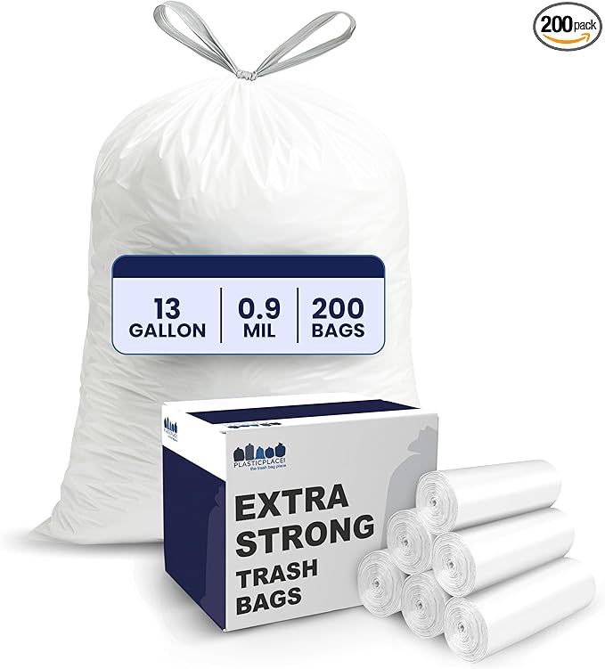 Plasticplace 13 Gallon Trash Bags │ 0.9 Mil │ White Tall Garbage Can Liners │